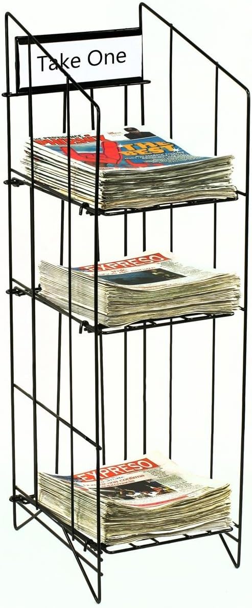 Displays2go Newspaper Rack for Tabloid Size Publications 1214w x 43h x 16d Free Standing Floor Fixture Gloss Black Wire Sign Channel Plate  - Image 4