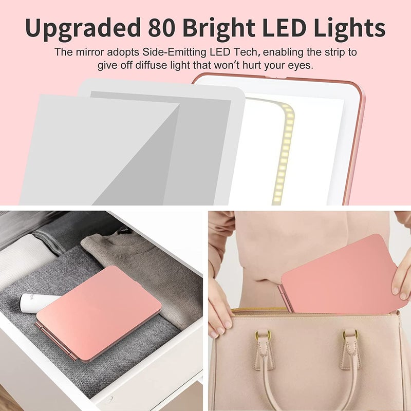 Makeup Mirror , Vanity Mirror with 80 LED Lights, Compact LED Mirror, Portable Cosmetic Mirror with 3 Color Lights, Travel Accessories for Women Rose Gold - Image 5