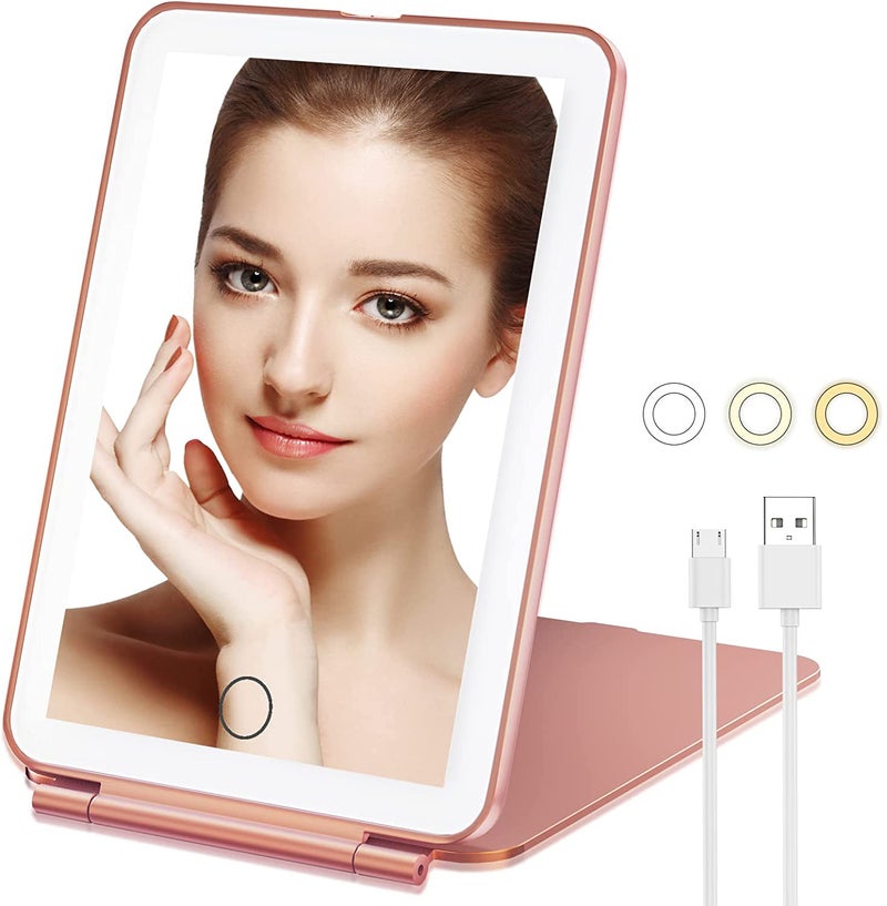 Makeup Mirror , Vanity Mirror with 80 LED Lights, Compact LED Mirror, Portable Cosmetic Mirror with 3 Color Lights, Travel Accessories for Women Rose Gold - Image 1