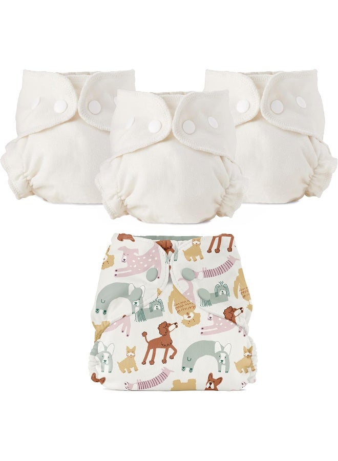Esembly Esembly Cloth Diaper Bundle Set, 3 Organic Absorbent Inners and 1 Waterproof Recycled Diaper Cover, Reusable Washable Diapers with Snap Closure, Size 1 (7-17lbs), Off-Leash - Image 1