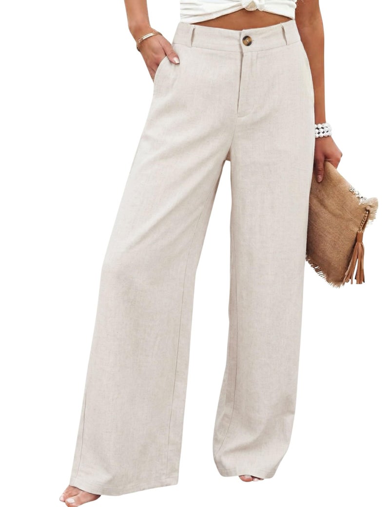 Hooever Womens Cotton Linen Pants Casual Button Up High Waisted Wide Leg Trousers(Apricot-M) - Image 1