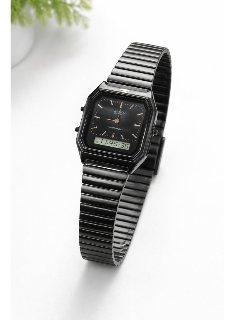 ساعة كاسيو فينتج بعرض تناظري ورقمي بسوار ستانلس ستيل أسود – مقاومة للماء – للجنسين