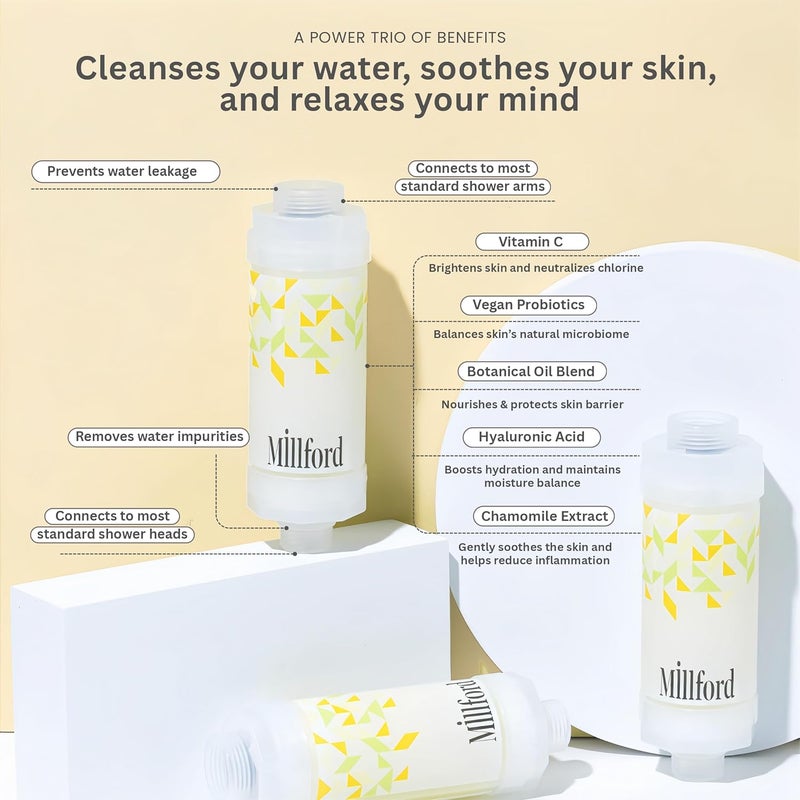 Millford Vitamin C Shower Filter - Korean Purifier for Hard Water, Removes 99% Chlorine & Impurities, Natural Shower Infuser Detox, Deep Cleansing for Skin & Hair Hydration Boost (Chamomile Scent) - Image 2