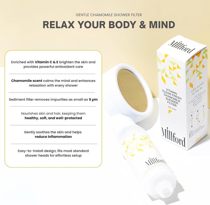 Millford Vitamin C Shower Filter - Korean Purifier for Hard Water, Removes 99% Chlorine & Impurities, Natural Shower Infuser Detox, Deep Cleansing for Skin & Hair Hydration Boost (Chamomile Scent) - Image 3