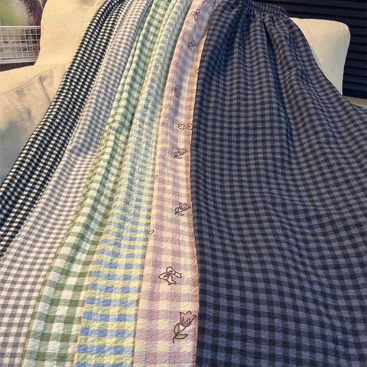 بنطال بيجامة نسائي بتصميم مربعات، قصة فضفاضة، قماش بوليستر خفيف - Image 1