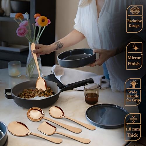 Parage 5 Pieces Stainless Steel Rose Gold Serving Spoon Set for Dining Table/Kitchen, 1.8 mm Heavy Gauge (1 Soup Ladle (Karchi), 1 Solid Spoon (Chamcha), 1 Rice Spoon, 2 Basting/Serving Spoon), - Image 5