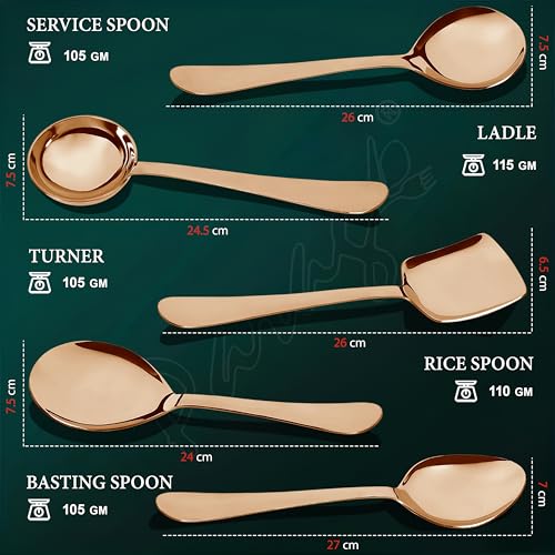 Parage 5 Pieces Stainless Steel Rose Gold Serving Spoon Set for Dining Table/Kitchen, 1.8 mm Heavy Gauge (1 Soup Ladle (Karchi), 1 Solid Spoon (Chamcha), 1 Rice Spoon, 2 Basting/Serving Spoon), - Image 4