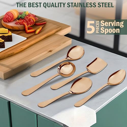 Parage 5 Pieces Stainless Steel Rose Gold Serving Spoon Set for Dining Table/Kitchen, 1.8 mm Heavy Gauge (1 Soup Ladle (Karchi), 1 Solid Spoon (Chamcha), 1 Rice Spoon, 2 Basting/Serving Spoon), - Image 3