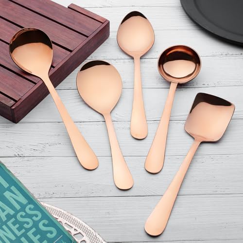 Parage 5 Pieces Stainless Steel Rose Gold Serving Spoon Set for Dining Table/Kitchen, 1.8 mm Heavy Gauge (1 Soup Ladle (Karchi), 1 Solid Spoon (Chamcha), 1 Rice Spoon, 2 Basting/Serving Spoon), - Image 2