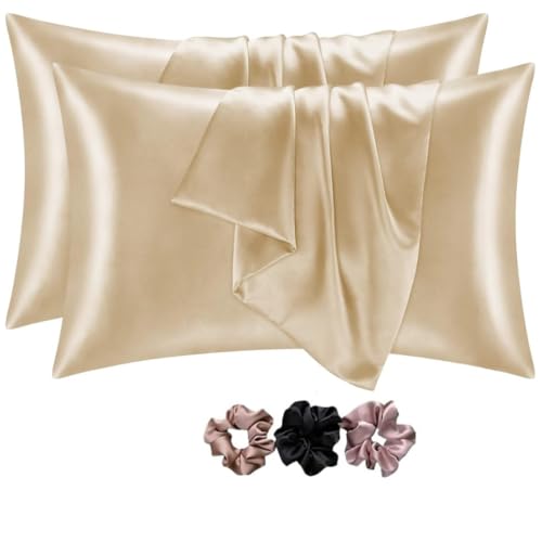 GO WELL solid Satin Silk Pillow Covers Pack of 2 for Hair and Skin-with Satin Scrunchies for Women Stylish|Satin Pillow coer for Hair|scrunchies for Women 3-Piece|Silk Pillow case (Champagne) 600TC - Image 1