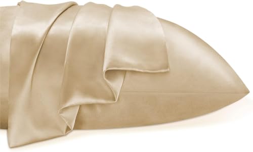 GO WELL solid Satin Silk Pillow Covers Pack of 2 for Hair and Skin-with Satin Scrunchies for Women Stylish|Satin Pillow coer for Hair|scrunchies for Women 3-Piece|Silk Pillow case (Champagne) 600TC - Image 5