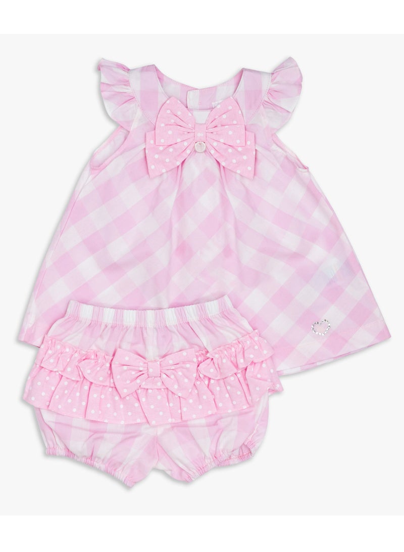 Moon فستان وسروال قصير من MOON مصنوعان من القطن بنسبة 100%، مقاس 6-9 أشهر، وردي - مربعات وردية - Image 1