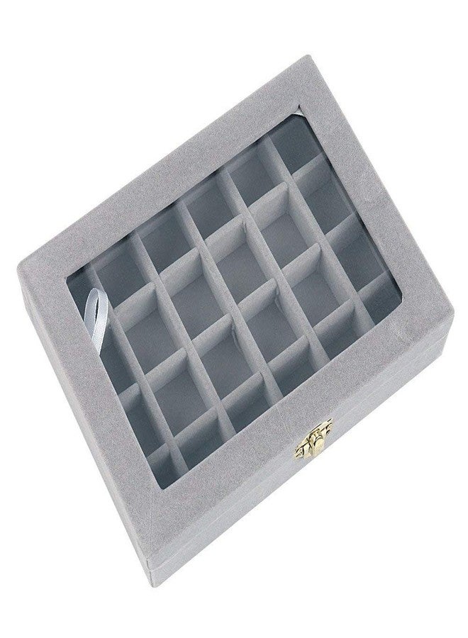 BucketList Velvet Jewelry Storage Case - 24 Compartments Earring Ring Organizer Box with Clear Glass Lid (Grey) - Image 2