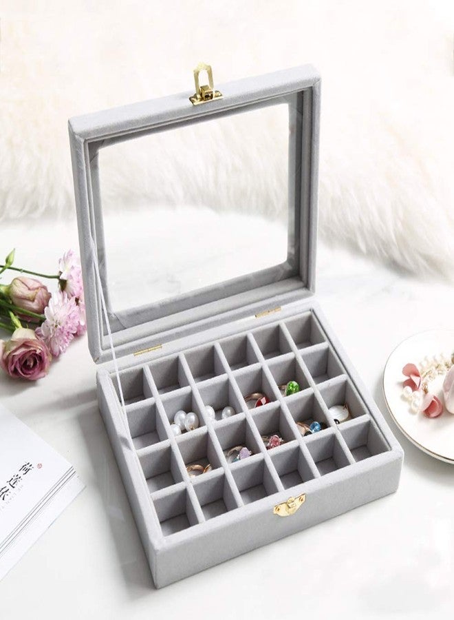 BucketList Velvet Jewelry Storage Case - 24 Compartments Earring Ring Organizer Box with Clear Glass Lid (Grey) - Image 3