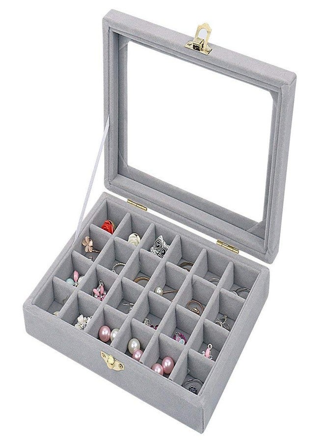BucketList Velvet Jewelry Storage Case - 24 Compartments Earring Ring Organizer Box with Clear Glass Lid (Grey) - Image 1