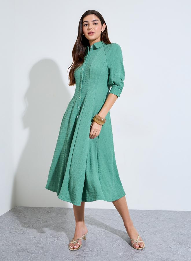 Styli Pleated waist 3/4th Sleeves Shirt Midi Dress - Image 3