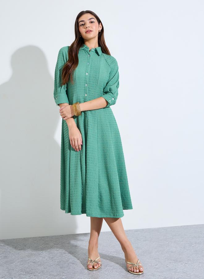 Styli Pleated waist 3/4th Sleeves Shirt Midi Dress - Image 2