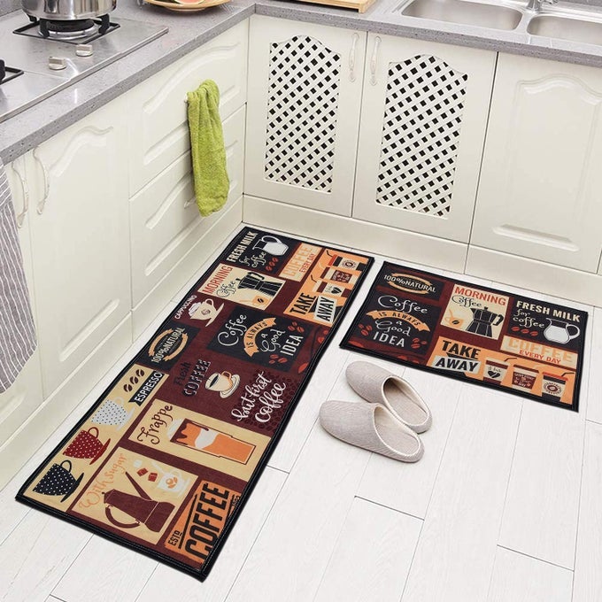 KITCHEN MAT ANTI FATIGUE 2 PIECE KITCHEN RUGS SET FOR KITCHEN FLOOR COMFORT STANDING MAT RUNNER RUG NON SLIP - BATHROOM, DOORWAY, BEDROOM, KITCHEN (COFFEE)