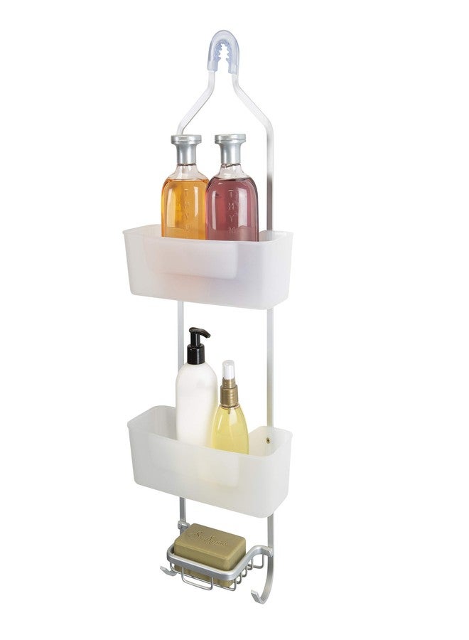 Bath Bliss 2 Tier Aluminum Hanging Caddy, Head, with Loofah Hooks, Soap Dish, Holds Large & Small Bottles, Shower Organization, Toiletries, in White - Image 1