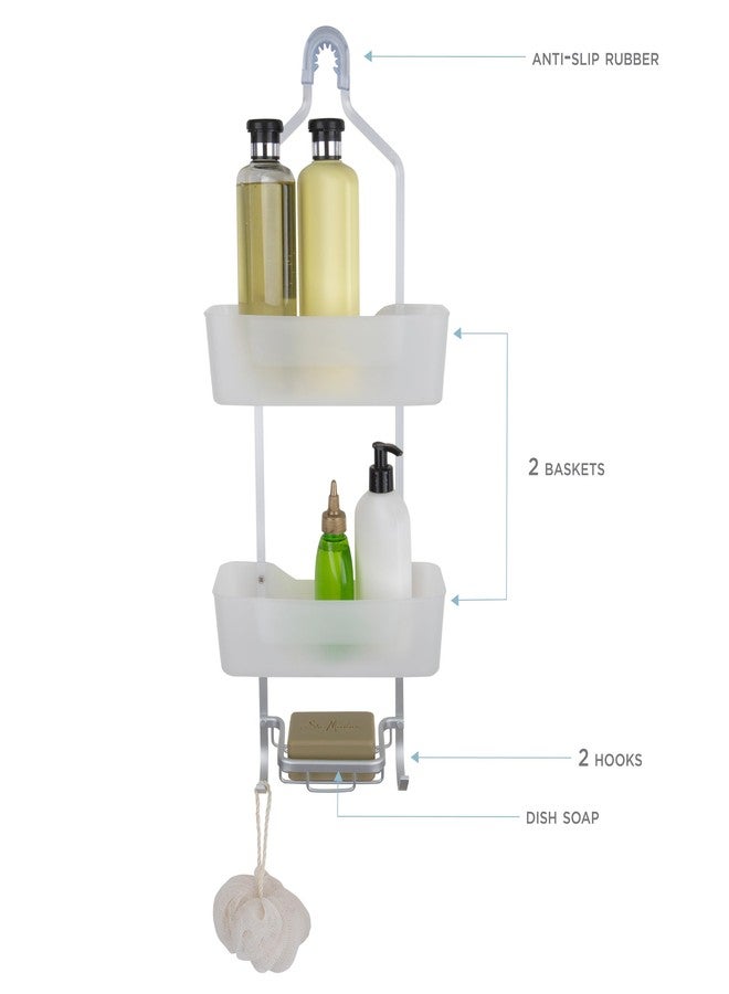 Bath Bliss 2 Tier Aluminum Hanging Caddy, Head, with Loofah Hooks, Soap Dish, Holds Large & Small Bottles, Shower Organization, Toiletries, in White - Image 2