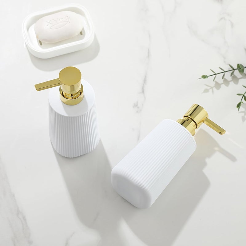 YAUKPH Small Soap Dispenser for Bathroom and Kitchen, Modern Farmhouse Striped Style Plastic Hand Soap Dish Soap Dispenser with Pump Matte White and Gold - Image 5