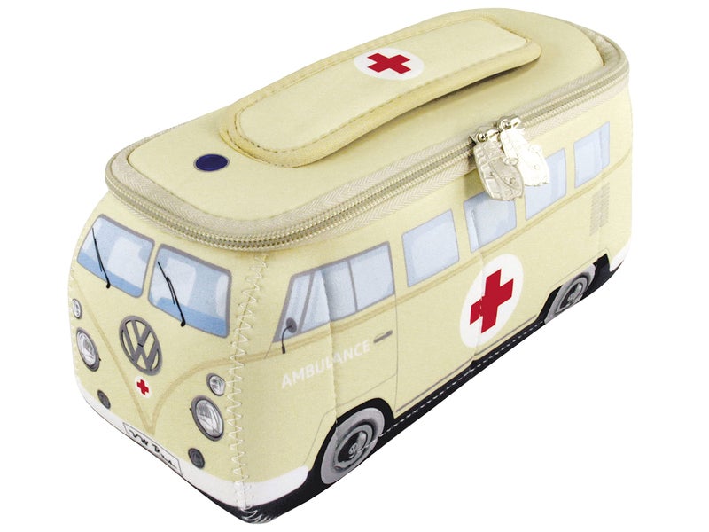 BRISA VW Collection - Volkswagen Neoprene Universal Makeup Cosmetics Toiletry Travel Pharmacy Bag in T1 Bus Design (Ambulance/Beige) (Large (11.8 x 5.5 x 4.7 inches)) - Image 1