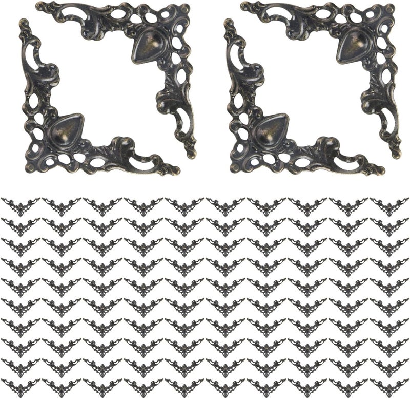 Geesatis 100-Pack Antique Bronze Corner Protectors - Decorative Edge Guards for Photo, Books, Albums, Jewelry Boxes & Gifts (1.6x1.6x2.2 inch) - Rustic Vintage Craft Supplies - Image 1