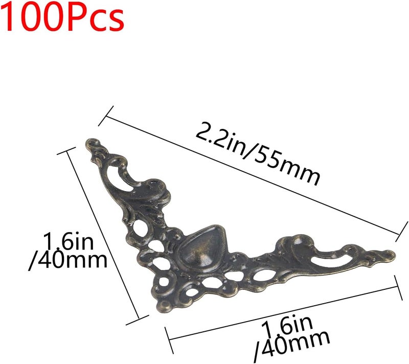 Geesatis 100-Pack Antique Bronze Corner Protectors - Decorative Edge Guards for Photo, Books, Albums, Jewelry Boxes & Gifts (1.6x1.6x2.2 inch) - Rustic Vintage Craft Supplies - Image 2