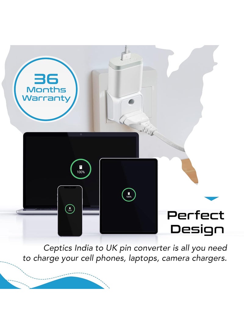 Ceptics Ceptics UK Adapter 2 in 1 India to UK Plug Adapter India to UAE Ireland Adapter Type G CE Certified RoHS Compliant White 1 Pack Lifetime Limited Warranty  - Image 4