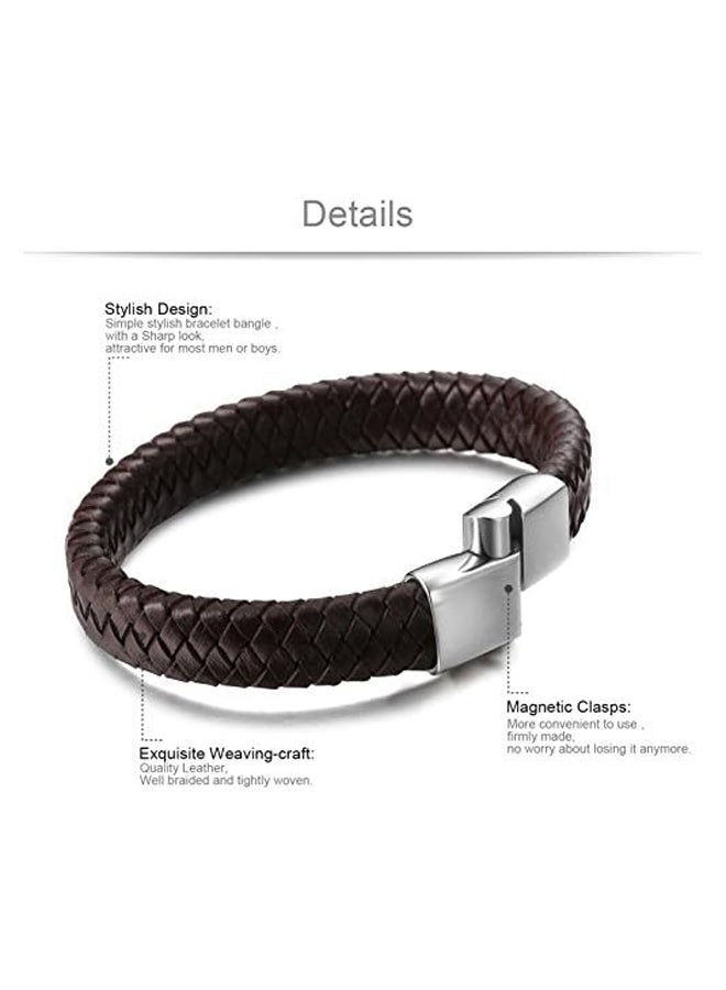 Braided Leather for Men Bangle Bracelet Stainless Steel Clasp 7.5-8.5 Inch - Image 3