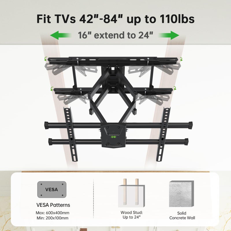 USX MOUNT UL Listed TV Wall Mount for 42"-84" TVs up to 110lbs and 8"-24" Wood Studs, TV Mount with Tilt, Swivel & Extension, Wall Mounts Bracket with Dual Articulating Arms, Max VESA 600x400mm - Image 2