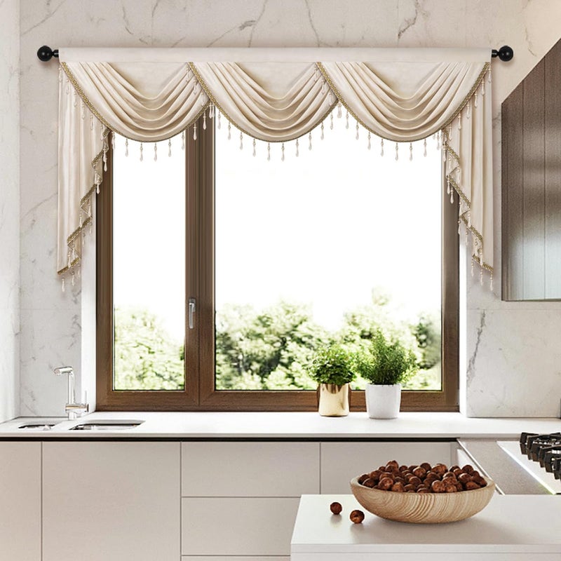 ELKCA Luxury Cream Velvet Curtain Valances for Living Room with Beads(79inch,1 Panel) - Image 2