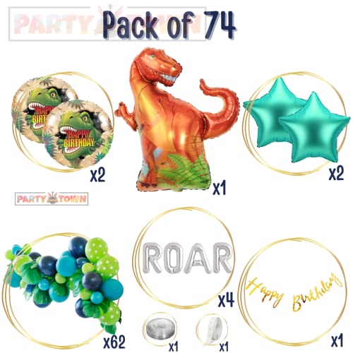 Party town T-Rex Dinosaur Balloon Pack - 62 Pcs | 32-inch T-Rex Foil + Metallic Latex Balloons, Paper Banner (T-Rex Dinosaur) - Image 2