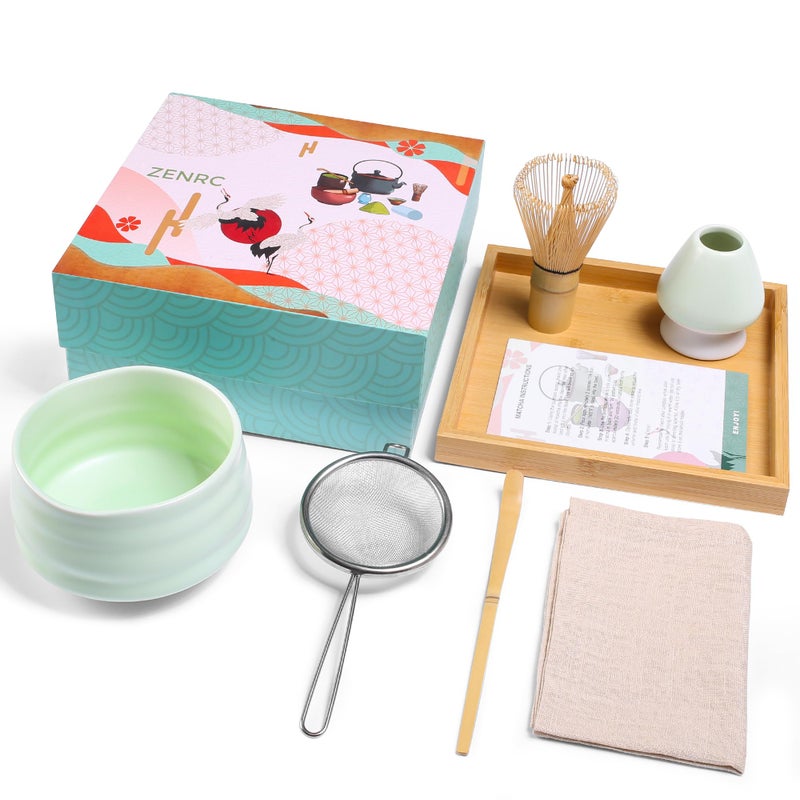 ZENRC Ceremony Matcha Kit  Traditional Bamboo Matcha Whisk Chasen Scoop Chashaku Traditional Matcha Bowl Bamboo Whisk Holder Sifter Tray The Perfect Matcha Set Set of 7 Mint Green
