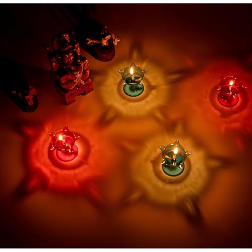 Ferio Transparent Diwali Diyas Colourful 3D foalting Reflection Diya for Diwali Decor Special Reusable Flower Diya Decorative Dussehra Diwali Deepak Decoration Items for Home (Red & Blue) Pack of 4 - Image 1