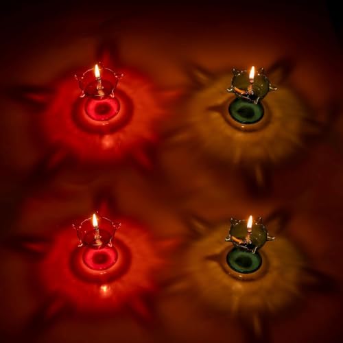 Ferio Transparent Diwali Diyas Colourful 3D foalting Reflection Diya for Diwali Decor Special Reusable Flower Diya Decorative Dussehra Diwali Deepak Decoration Items for Home (Red & Blue) Pack of 4 - Image 2