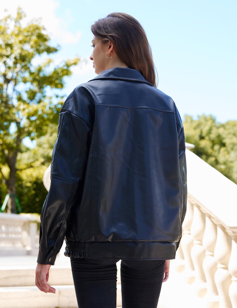 FSVABY Womens Oversized Faux Leather Motocycle Black Jacket Zip Up Outwear Coat with Pockets (Black, Small) - Image 4