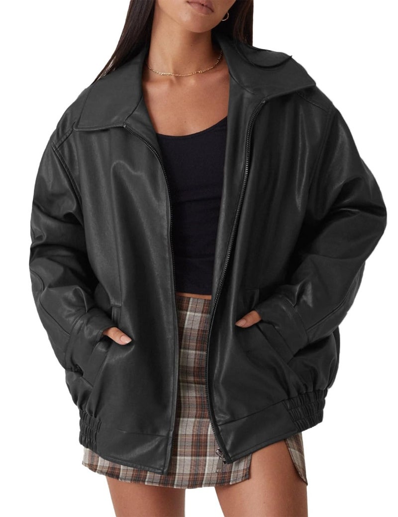 FSVABY Womens Oversized Faux Leather Motocycle Black Jacket Zip Up Outwear Coat with Pockets (Black, Small) - Image 1