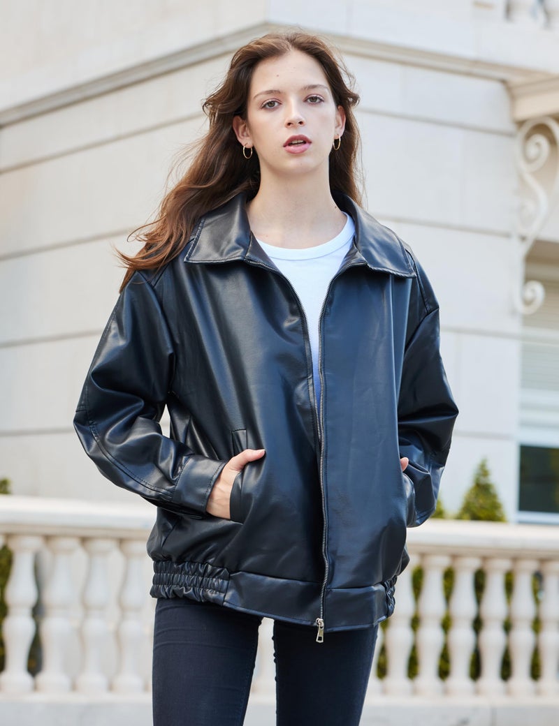 FSVABY Womens Oversized Faux Leather Motocycle Black Jacket Zip Up Outwear Coat with Pockets (Black, Small) - Image 3
