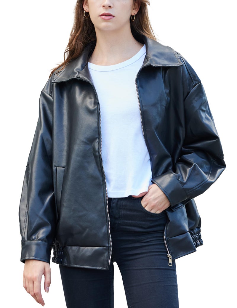 FSVABY Womens Oversized Faux Leather Motocycle Black Jacket Zip Up Outwear Coat with Pockets (Black, Small) - Image 2