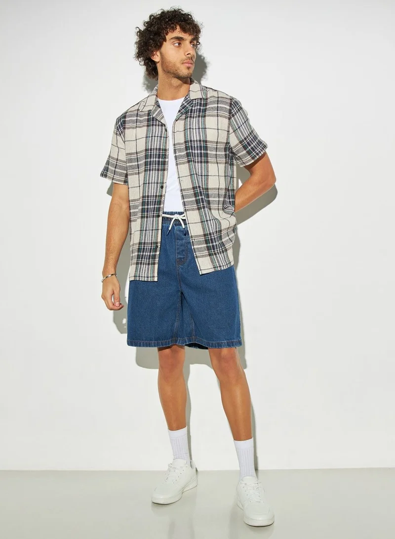 Lee Cooper Lee Cooper Solid Denim Shorts with Drawstring Closure and Pockets
