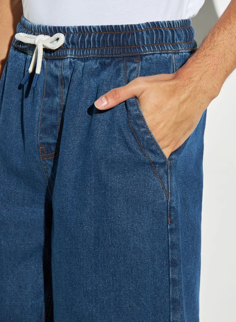 Lee Cooper Lee Cooper Solid Denim Shorts with Drawstring Closure and Pockets