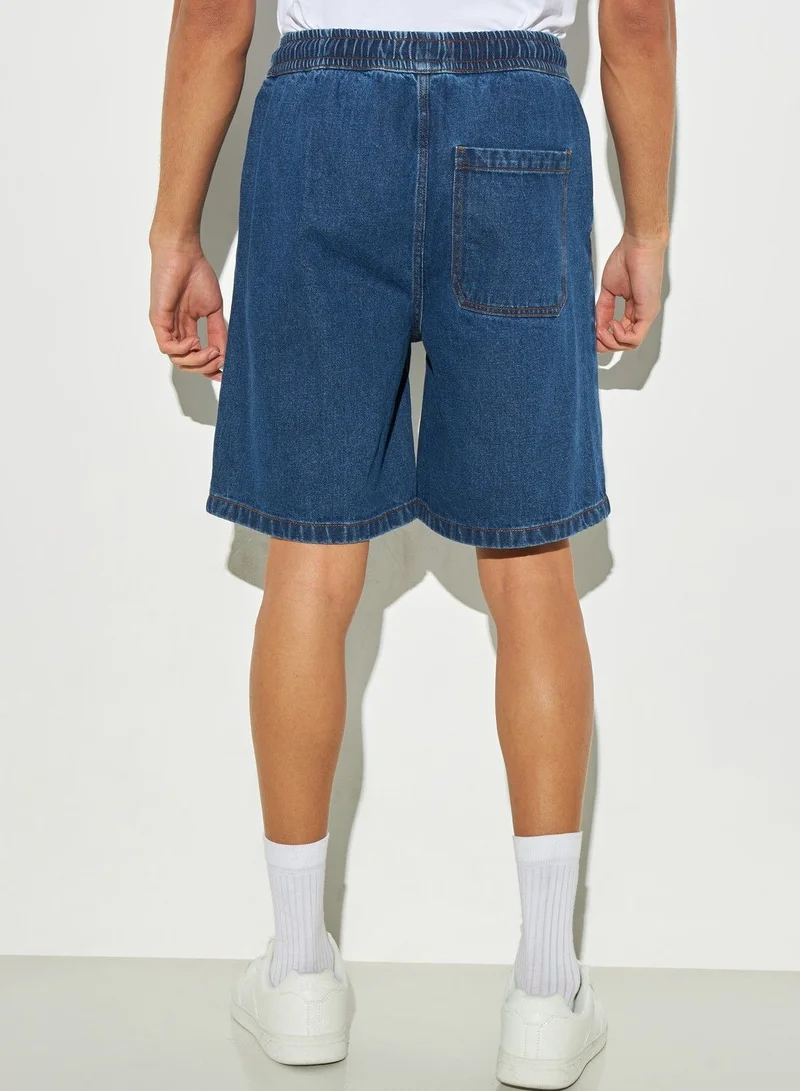Lee Cooper Lee Cooper Solid Denim Shorts with Drawstring Closure and Pockets