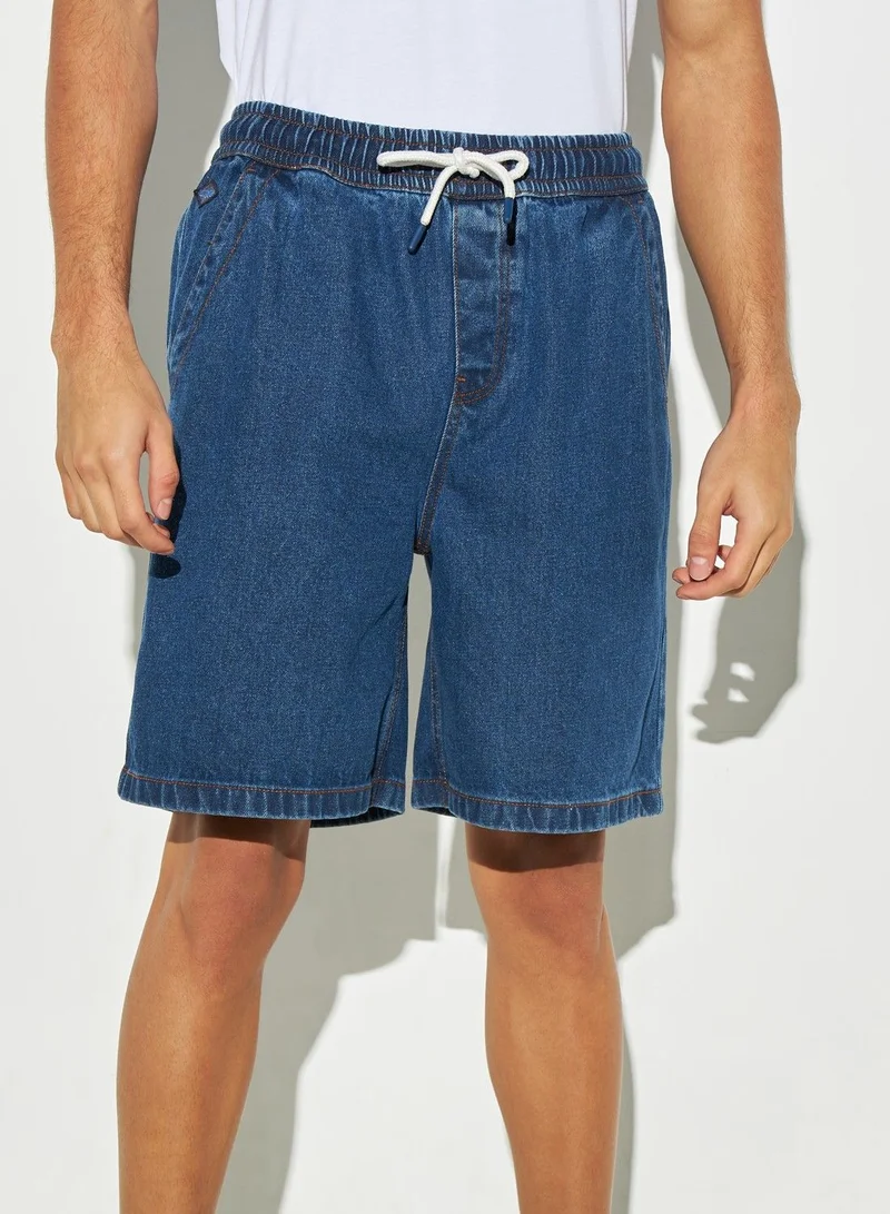 Lee Cooper Lee Cooper Solid Denim Shorts with Drawstring Closure and Pockets