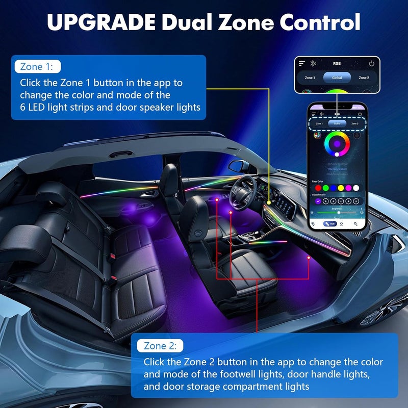 Amki 2025 Upgraded Dreamcolor Acrylic Interior Car LED Strip Light with Self-Developed App Dreamcolor RGB 22 in 1 Dual-Zone Wireless Control | Low-Profile Design Premium Car Ambient Lighting Kit - Image 5