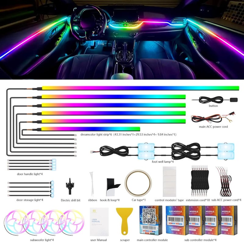 Amki 2025 Upgraded Dreamcolor Acrylic Interior Car LED Strip Light with Self-Developed App Dreamcolor RGB 22 in 1 Dual-Zone Wireless Control | Low-Profile Design Premium Car Ambient Lighting Kit - Image 2