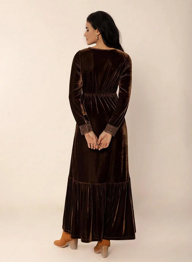 Take Two Brown Velvet Maxi Dress with Lace Trim Detail