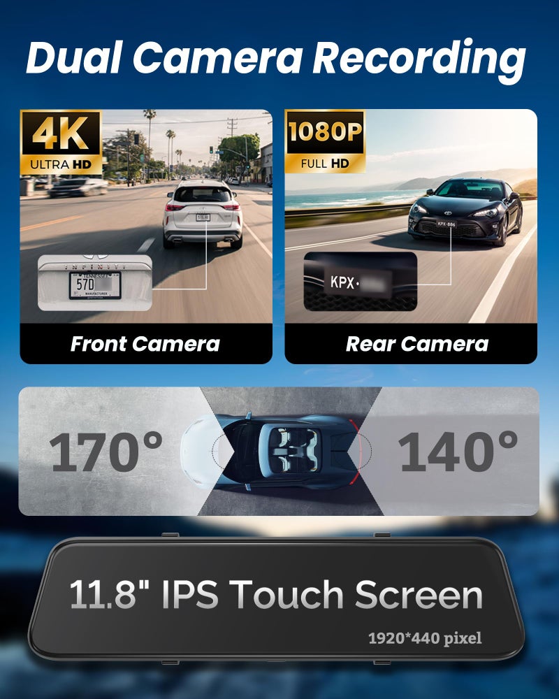 KOUENOM 4K Rear View Mirror Camera with Carplay&Android Auto,12" Mirror Dash Cam Front and Rear with Voice Control for Cars&Trucks,Smart Touch Screen,64GB Card Included/Loop Record/Reverse Assist - Image 3