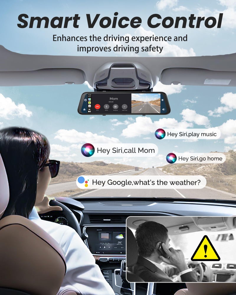 KOUENOM 4K Rear View Mirror Camera with Carplay&Android Auto,12" Mirror Dash Cam Front and Rear with Voice Control for Cars&Trucks,Smart Touch Screen,64GB Card Included/Loop Record/Reverse Assist - Image 5
