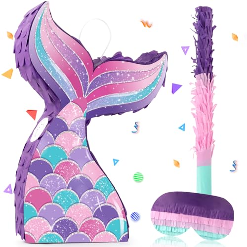 Lemicin Mermaid Tail Pinata Glitter with Stick Blindfold Mermaid Birthday Party Decoration Mermaid Pinata Game for Girls Kids Carnival Under the Sea Ocean Theme Party Supplies 153x10 - Image 1